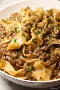 Delicious ground beef and noodles dish served for an easy dinner recipe