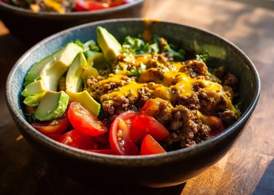 High-protein cheeseburger bowl with ground beef and fresh toppings