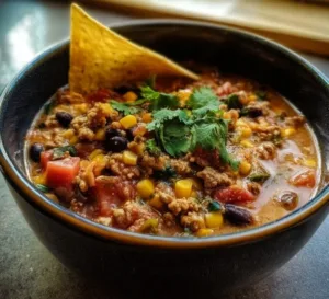 High protein creamy taco soup garnished with cilantro and lime