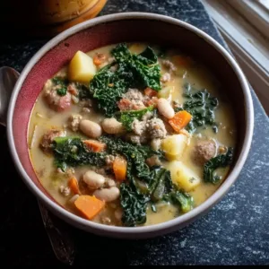 Bowl of Italian Sausage and White Bean Soup garnished with herbs