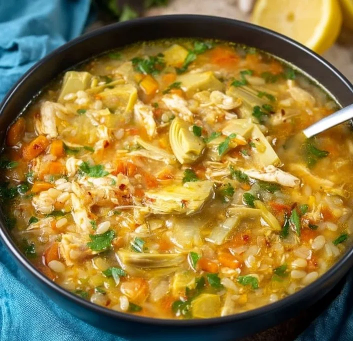 Bowl of lemon chicken soup with artichoke hearts garnished with parsley