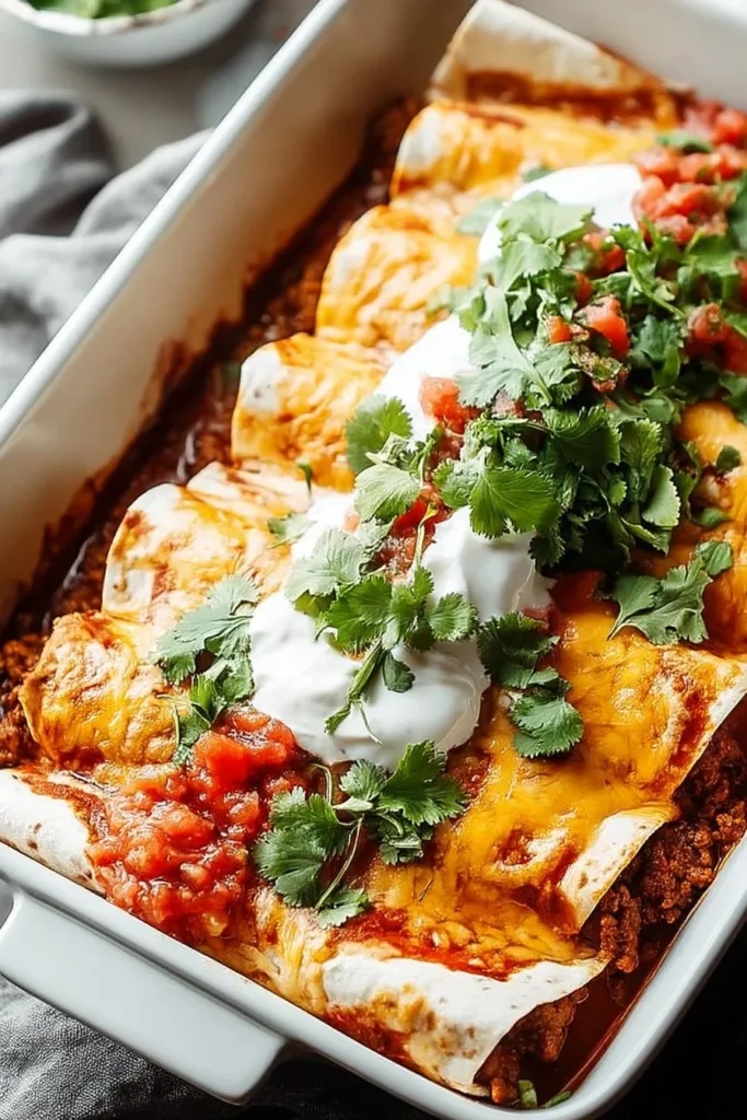 Homemade ground beef enchiladas served on a plate with toppings
