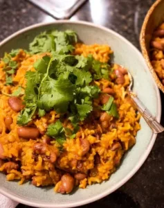 Puerto Rican rice and beans dish perfect for vegetarian dinner.