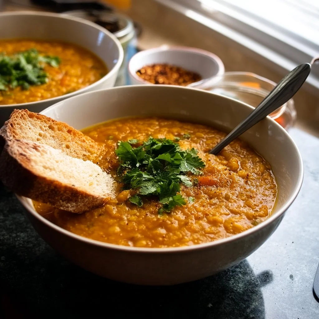 Bowl of red lentil soup topped with herbs, perfect for vegan weeknight dinners