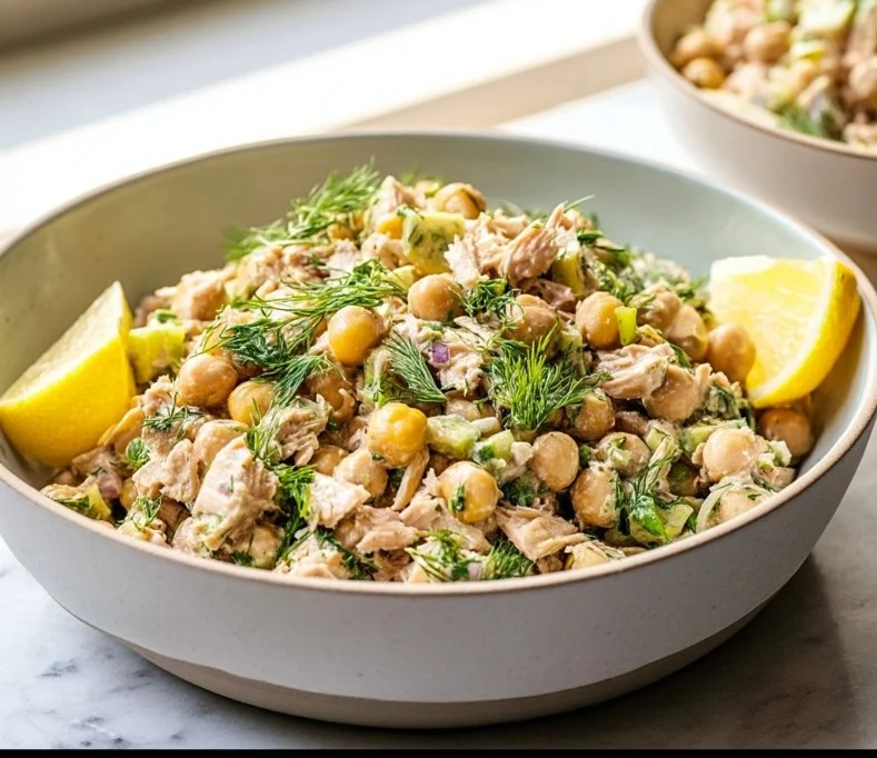 Simple tuna chickpea salad for a healthy high-protein lunch.