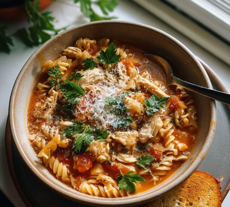 Bowl of slow-cooked chicken parmesan soup with cheese and herbs