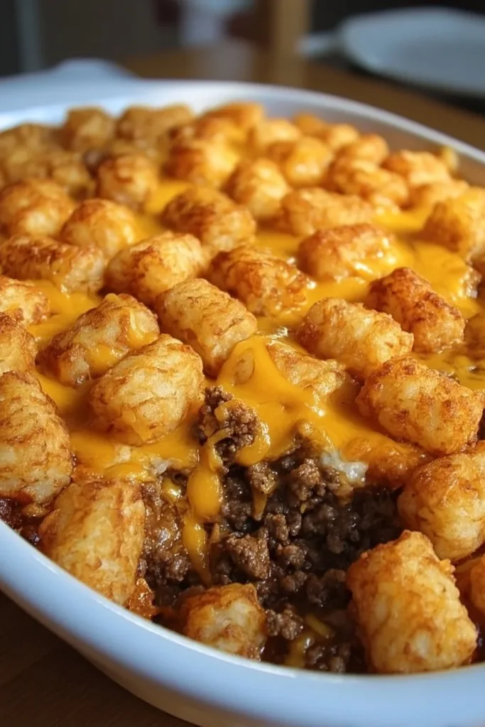 Tater tot casserole topped with ground beef and green beans in a baking dish