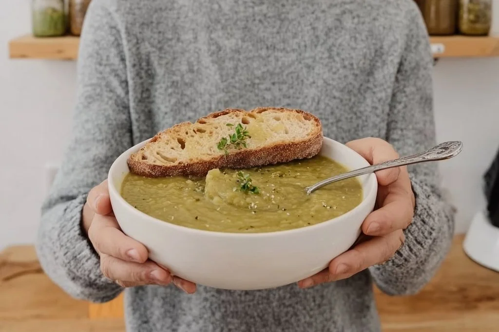 Bowl of creamy split pea soup garnished with herbs and bread