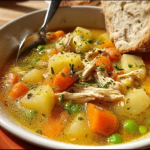 Delicious hearty chicken and veggie soup in a bowl for a cozy dinner