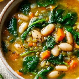 Bowl of hearty spinach lentil soup with butter beans