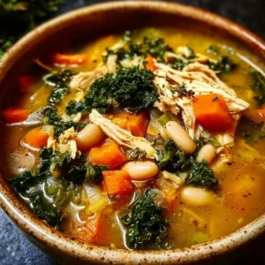 Bowl of hearty Tuscan Chicken Soup with vegetables and chicken.