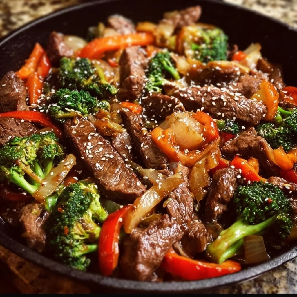 High-protein beef stir fry with frozen vegetables in a skillet dish