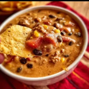 A bowl of high protein taco soup garnished with cilantro and lime