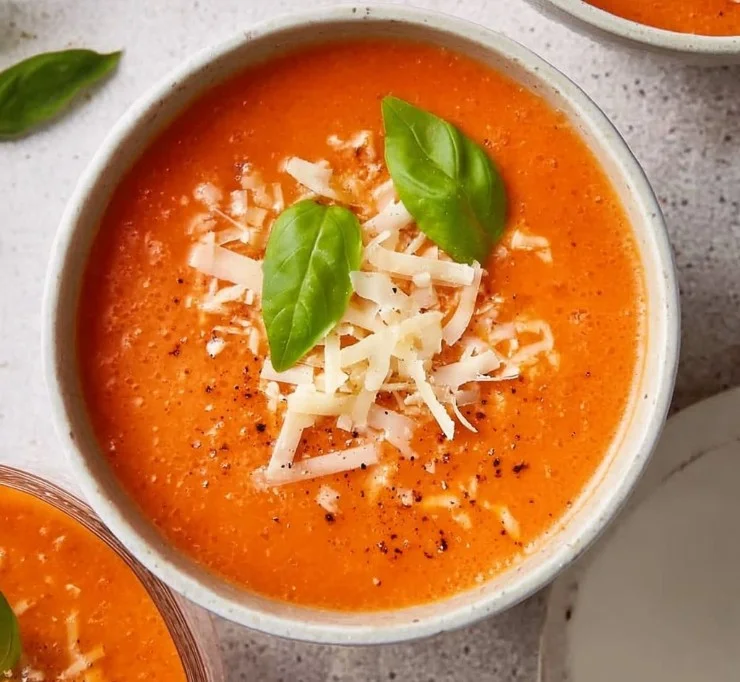 High protein tomato soup in a bowl with fresh herbs and crusty bread
