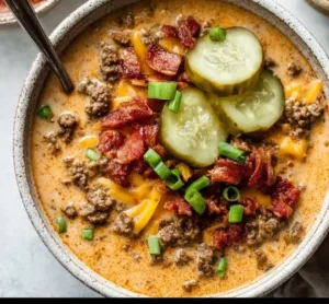 Keto Cheeseburger Soup garnished with cheese and herbs