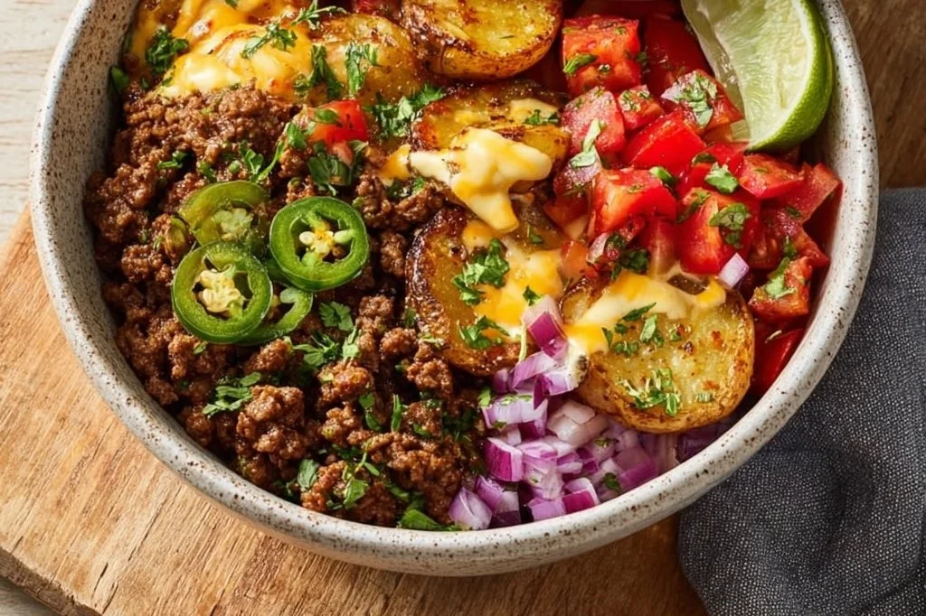 Loaded Fiesta Potato Bowl with healthy ground beef and colorful toppings.