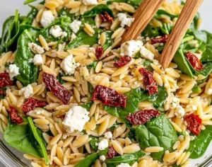 Healthy balsamic orzo salad with fresh vegetables and herbs
