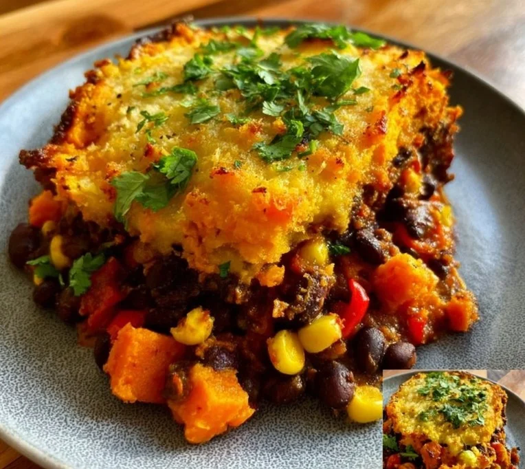 Healthy Black Bean and Sweet Potato Shepherd's Pie served in a dish