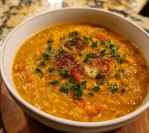 Bowl of caramelized onion red lentil soup garnished with herbs