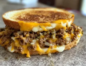 Cheesy ground beef melt served on a plate with toppings