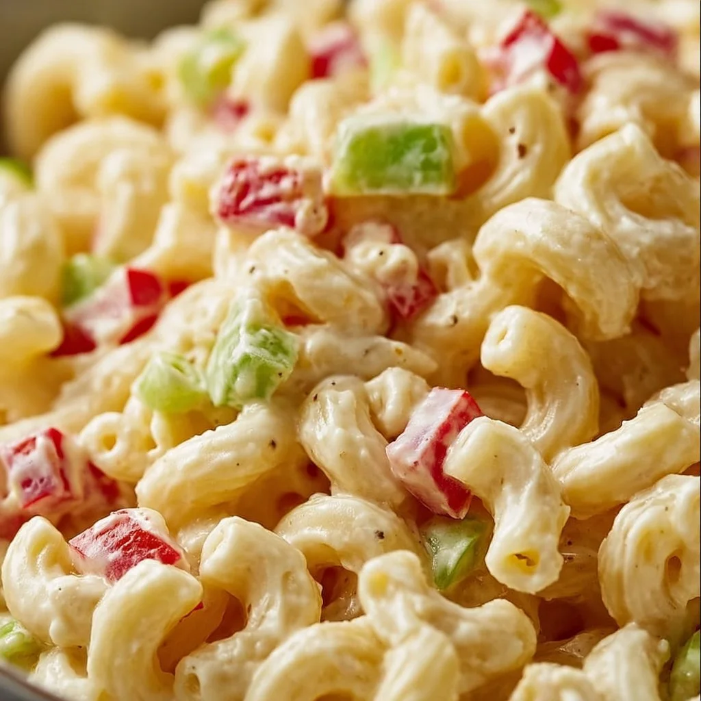 Bowl of classic creamy macaroni salad garnished with herbs and vegetables