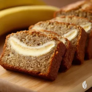 Cream cheese-filled banana bread slice on a plate with a fork