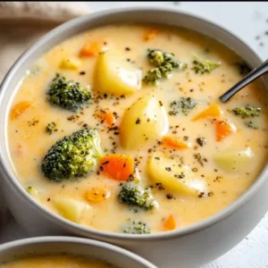 Bowl of creamy broccoli potato cheese soup topped with cheese and parsley