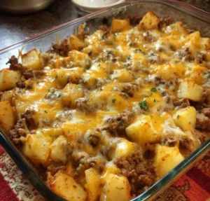 Creamy Hamburger Potato Casserole served in a baking dish with fresh herbs