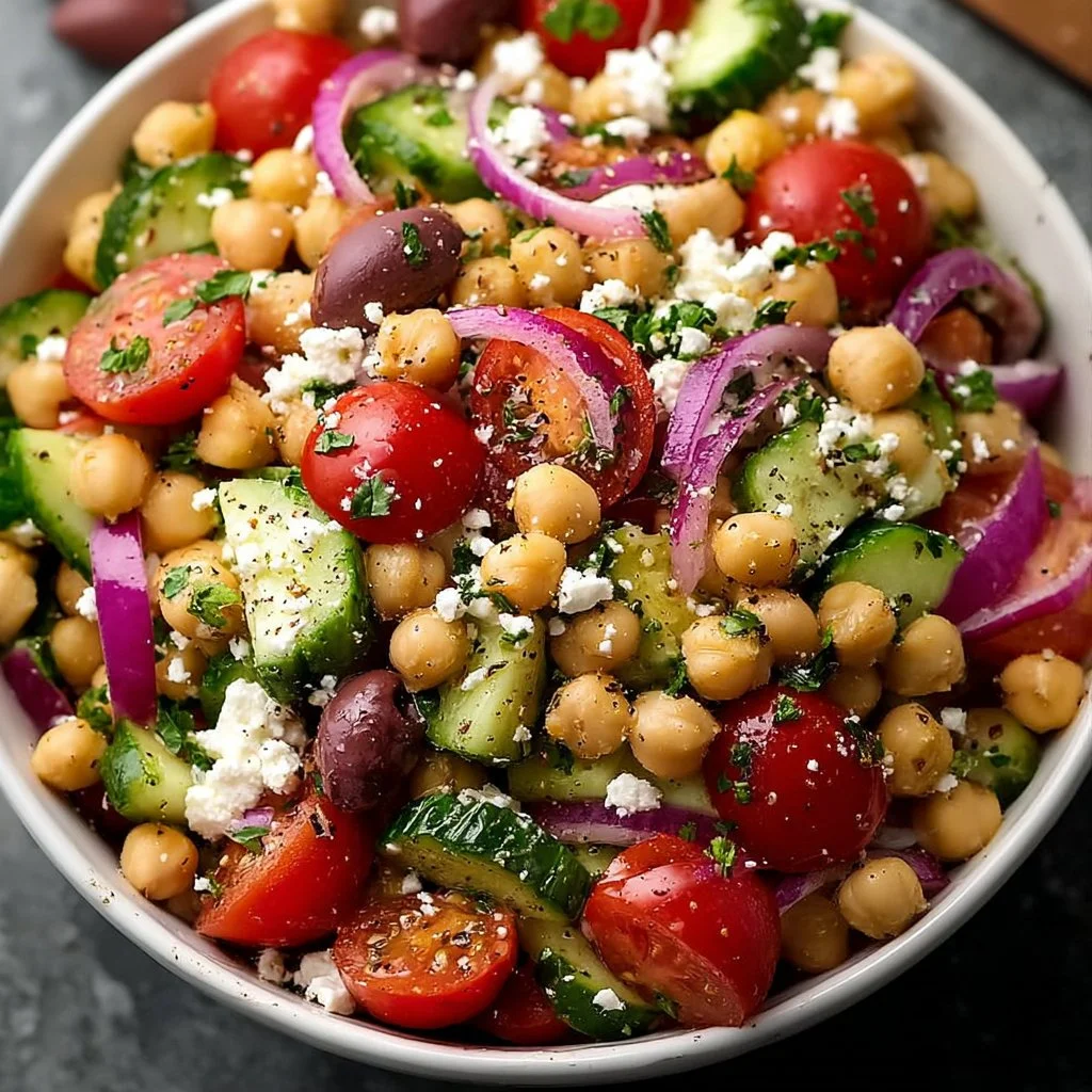 Creamy Mediterranean Chickpea Feta Salad in a glass bowl for meal prep