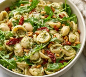 Creamy pesto pasta salad served in a bowl, perfect for summer meals.