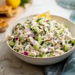 Creamy tzatziki chicken salad with fresh ingredients and herbs