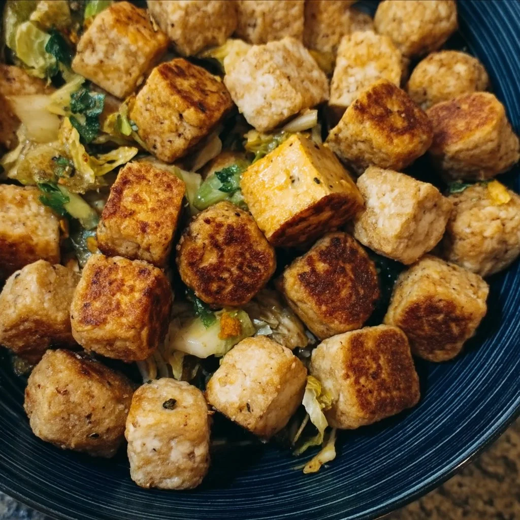 Crispy air-fried tofu balls served as vegan appetizers