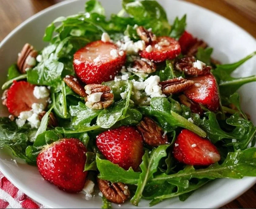 Crispy Strawberry Arugula Salad featuring fresh strawberries and greens