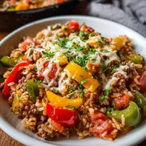 Crispy unstuffed pepper skillet filled with colorful vegetables and ground meat.