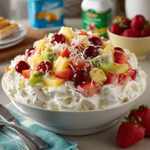 Delicious Hawaiian Cheesecake Salad served in a bowl with fresh fruit