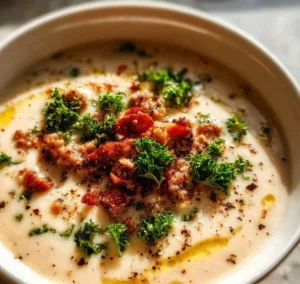 Bowl of hearty cauliflower soup with sausage, perfect for busy weeknight dinners.