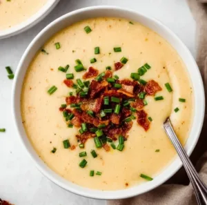 Bowl of high-protein cream soup garnished with herbs