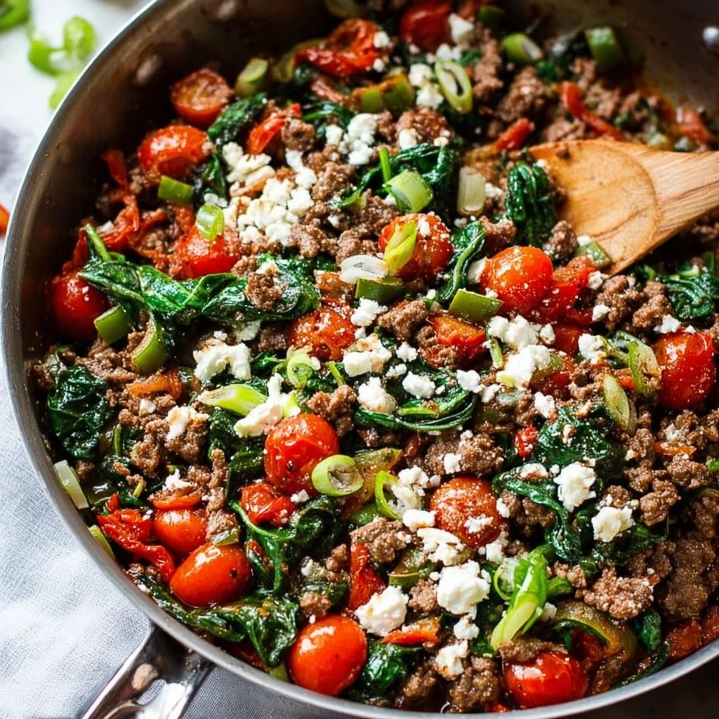 Mediterranean ground beef stir fry with vegetables served on a plate