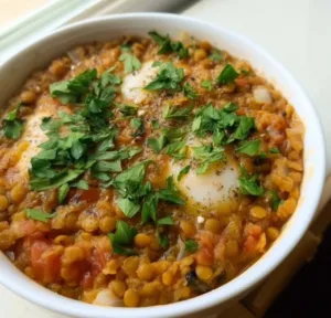 Healthy Middle-Eastern breakfast lentils served in a bowl with spices and herbs.