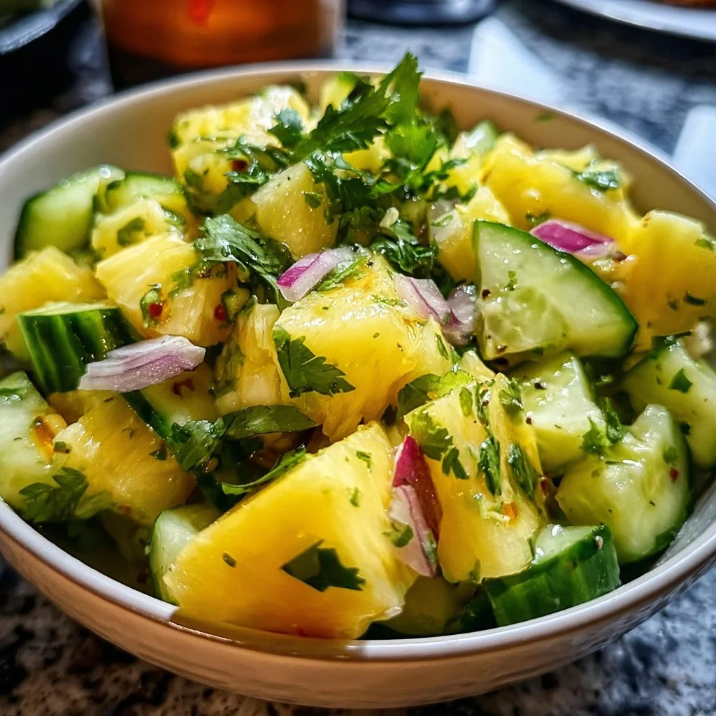 Colorful pineapple cucumber salad with fresh ingredients for a summer dish