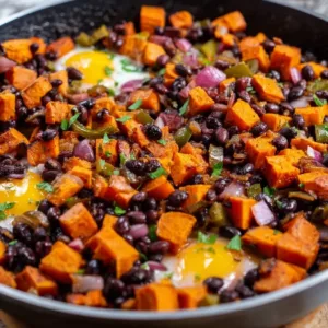 Delicious sweet potato breakfast hash served in a bowl with fresh vegetables