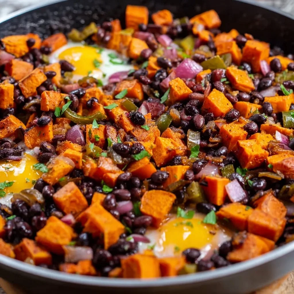 Delicious sweet potato breakfast hash served in a bowl with fresh vegetables
