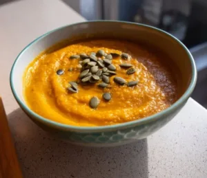Vegan pumpkin soup in a bowl, garnished with herbs and spices