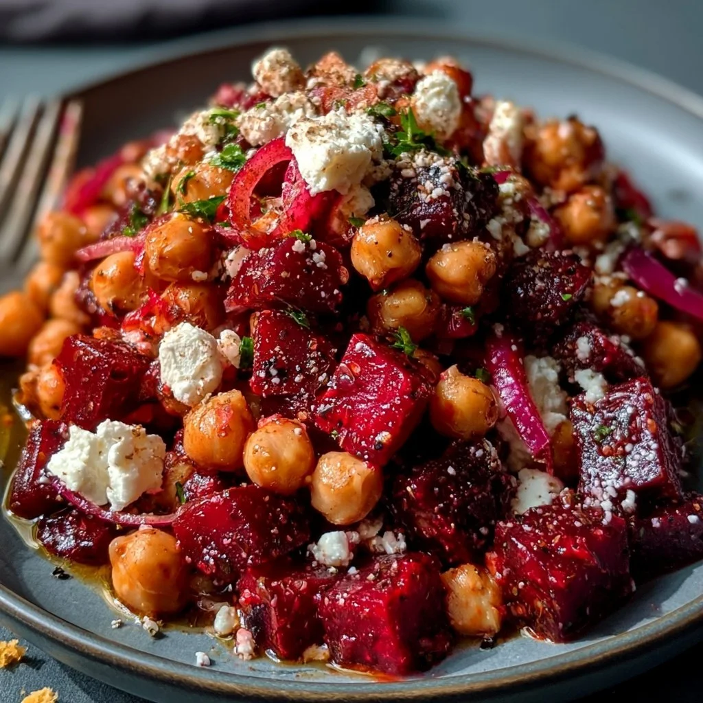 20-minute chickpea salad with beets and feta cheese, high protein vegetarian dish.