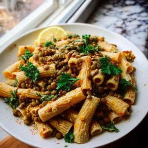 Delicious bowl of 25-minute Lentil Tahini Pasta topped with fresh herbs.