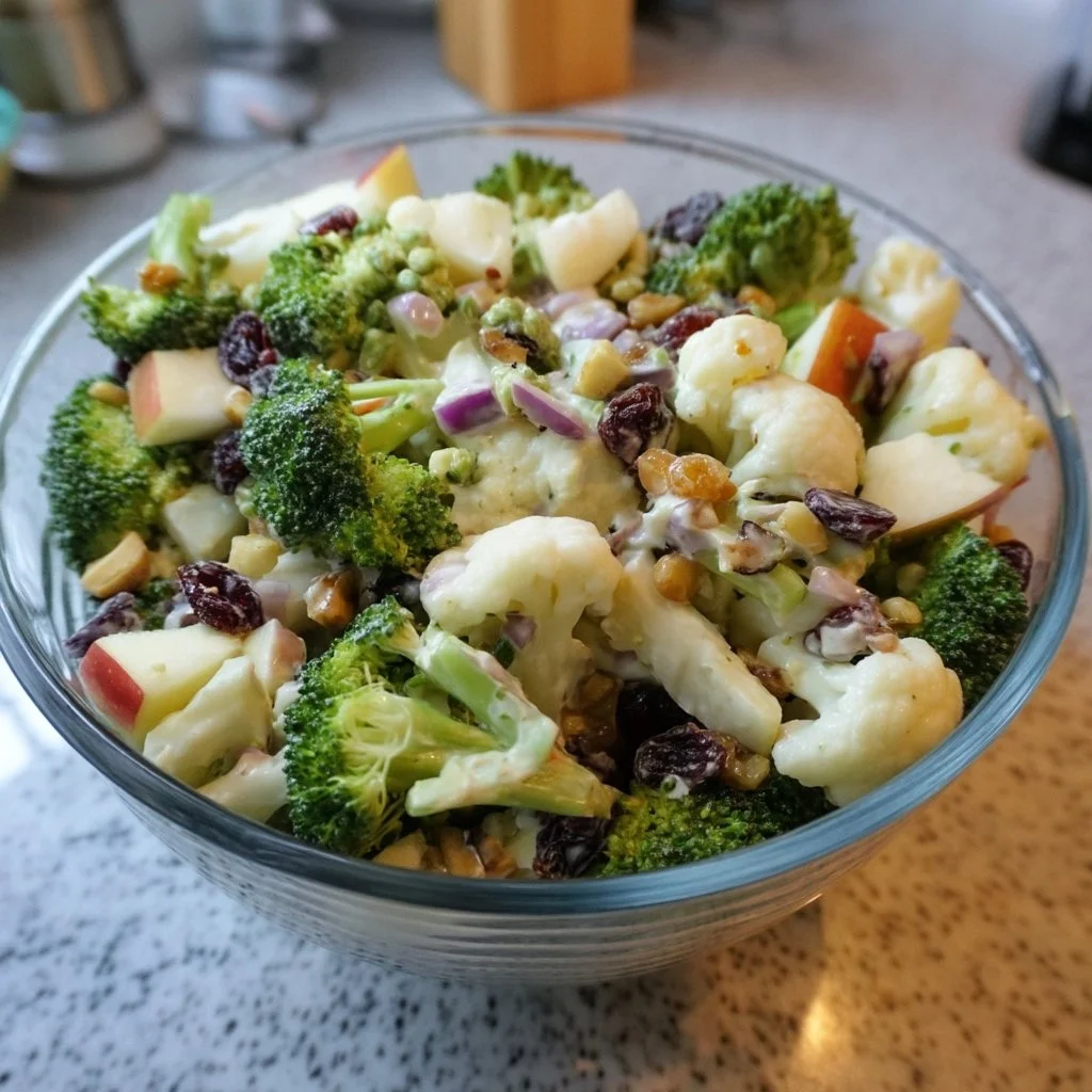 Apple Broccoli Cauliflower Salad with fresh ingredients and vibrant colors