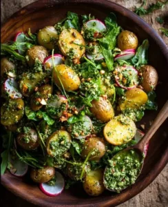 Delicious Arugula Pesto Potato Salad ready to serve in a bowl.