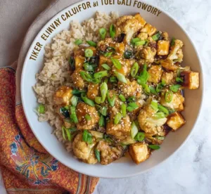 Baked teriyaki tofu with cauliflower on a plate, garnished and ready to serve.