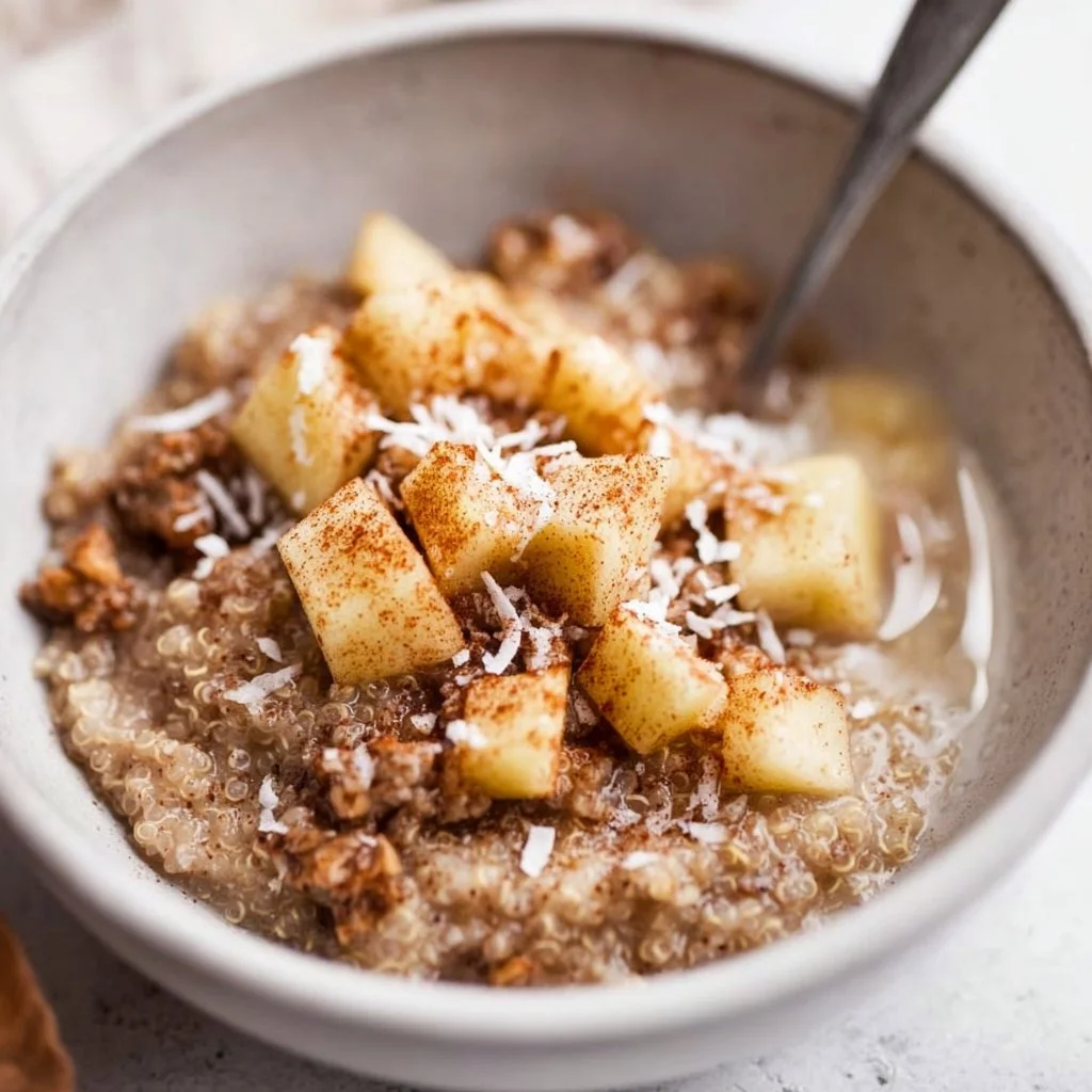 Bowl of cinnamon apple breakfast quinoa topped with apples and cinnamon
