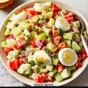 Healthy cottage cheese salad with fresh vegetables and herbs